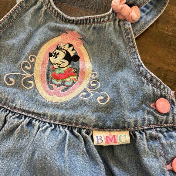 Vintage Baby Mickey Co Minnie Mouse Denim Baby Dress 12 Month Embroidered Patch - Picture 4 of 11